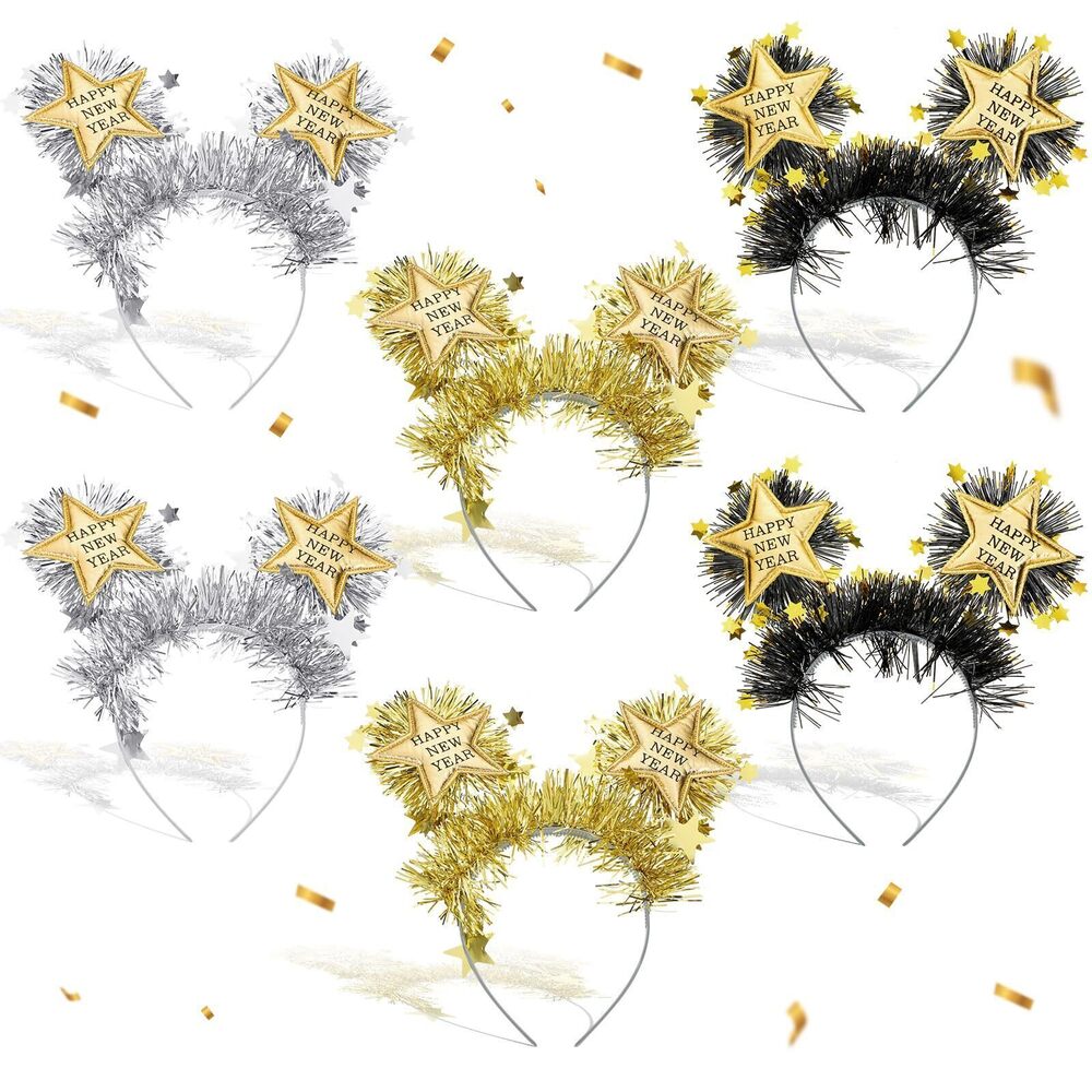 6093 6 Pcs 2026 Happy New Year Headband with Star Boppers Headdresses Black
